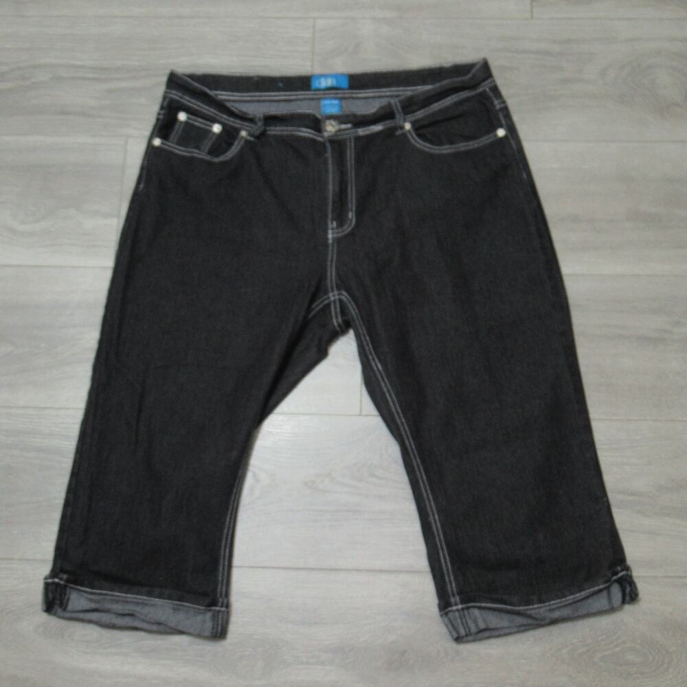 DKIN Capri Jeans Women Plus 18W Black Stretch Denim 5 Pocket Side Slit Cuffs